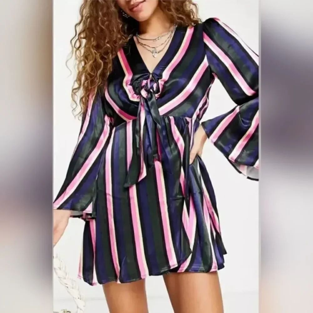 TOPSHOP Women's Stripe Knot Front Long Sleeve Mini Dress Size 6 Multi NWT
